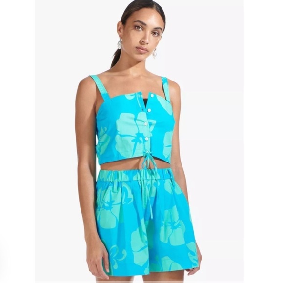 STAUD | Sage Blue Hibiscus Tie Waisted Shorts Size 4 - Picture 2 of 14
